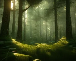 forest, atmospheric,global illumination, realistic, unity engine, cinematic lighting, octane render.