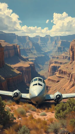 A 1950 commercial airplane with broken glass and doors in front of crashed in the bottom of the Grand Canyon valley, in surrendered by the high Grand Canyon mountains thein a forgotten battlefield over run by vegetation, cutesy tiktok detailed oil painting, grainy, old style