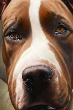 up close realistic oil painting of a pitbull dog, brown in colour with small white line between eyes,in impasto style, thick strokes of oil paint