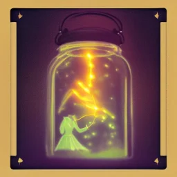 glowing fireflies and pixies in a lantern, many ghostly lights inside a belljar, fairy lights, polaroid, symmetry, bioluminescence, luminescent glow, moody, tender, photorealistic, octane render, golden hour,MTG,digital painting,by Anna Dittmann
