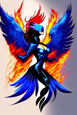 dark, blue phoenix, flaming wings, beautiful, smooth, flying, graceful