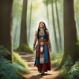 Amidst the towering trees, the American Indian woman, a joyful spiritual wanderer, bridges two worlds with grace. Her traditional attire whispers of ancestors as she navigates the forest with a curious smile, her eyes reflecting ancient wisdom and the mysteries of the woodland.