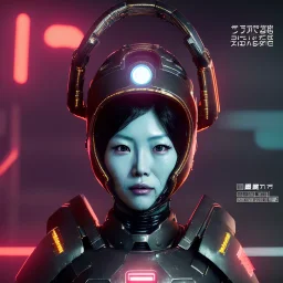 Japanese cyber woman, sci-fi, rounded face, blood, black, gold, brown, samurai helmet, decorative color feathers, retro, simetric, circuits, neon style, a lot of led lights, fog, rain, leather, vibrant color, highly detailed, art stations, concept art, smooth, unreal engine 5, god rays, ray tracing, RTX, lumen lighting, ultra detail, volumetric lighting, 3d, finely drawn, high definition, high resolution.