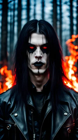 Portrait of scary goth in a leather jacket with long black hair and creepy makeup on his face against the backdrop of fire and a dark forest