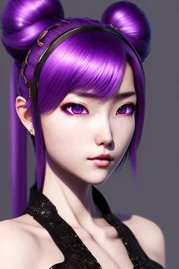 Detailed cute anime Kunoichi girl, purple hair buns, purple bangs, black latex bodysuit, intricate details, full body portrait, keep head in frame, slight smile, black Japanese motif, concept art, highly detailed, digital painting, concept art, sharp focus, illustration, art by Yoji Shinkawa, WLOP and greg rutkowski and alphonse mucha and artgerm and yanjun Chen and Junji ito and Makoto Shinkai, HDR, octane render