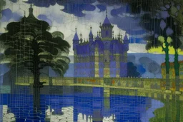 A violet castle in a thunderstorm near an acid pool designed in Indian Gond art painted by Claude Monet