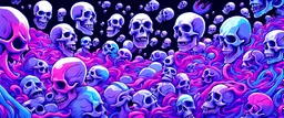 1000s of anatomically correct, skulls, vivid RANDOM BRIGHT neon colors, dark comedy, well lit, high detail, photorealistic, horrorcore, fun, scary, dead, 100% detail on all drawn, nothing partial or filler, all orbiting a black hole