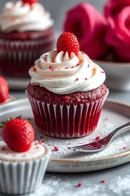 i want to generate an image for my blog red velvet cup cake with ai. write some epic cool image ai generation prompts.