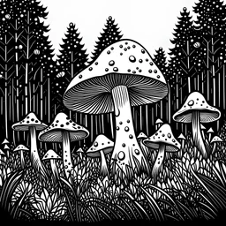 взрослая черно белая раскраска, грибы вешенки на лесной поляне, мультяшный стиль, толстые линии, низкая детализация, без затенения