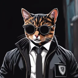 Drawing of a cat with black jacket and glasses NFT style