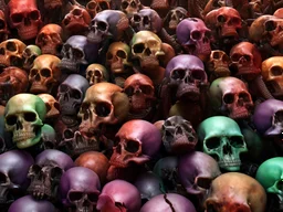 a picture of a dark, comedic, anatomically correct wall of colorful tightly packed stacked cyborg skulls of varying sizes and expressions, photo realistic, insanely meticulous, highly detailed, part of a collection of bones on display, 64k, dystopian, vray