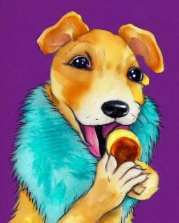 cute puppy eating cheese, art deco, romanticism, watercolor, visual novel, cheerful, furry, sleepy, rembrandt lighting, colorful lighting, blue, teal, aqua, red, purple, yellow, black, detailed, masterpiece