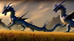 dragons in a field in front of the castle