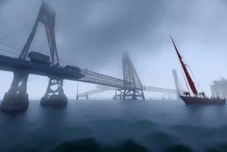 oakland boat port in california, urban , slums , view of port from the sea, bridge in background , fog , realistic, unity, scriptable render pipeline , cinematic lighting.