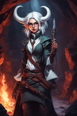 A Dnd Tiefling with a long tail and small horns in a dark cave. A female archeologist with white hair, wearing glasses, in adventurer's clothes. Cunning, beautiful, cool.