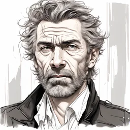 Rough 50 year old Male, has short beard, messy hair, wearing black trench coat, Detailed, Realistic