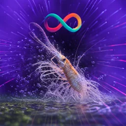 infinity symbol ∞ with vibrant powerful single prawn coming out of the water, striking, neon, chiaroscuro, dramatic, captivating, powerful, fantasy, beautiful, octane render, 16k post-production, artstation: award-winning: atmospheric: commanding: fantastical: clarity: ultra quality: striking: brilliance: stunning colors: amazing depth; lens: f/11, 35mm