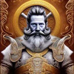 viking holger danske,long swirling beard and hair, his sword is golden, siting on his throne with wolfes on each side, alkohol ink, background swirley colorful with painted dragon on the wall, background colorful