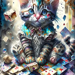 Adorable Cute little Harlequin cat patchwork art by cameron gray epic poster, Hyper realistic cat clown. sits on a pile of fish bones watercolor painting, Jean-Baptiste Monge style, bright, beautiful in spring, splash, big perfect eyes, rim lighting, lights, magic, fantasy, digital art, wlop, artgerm and james jean Modifiers: 8k cinematic lighting photorealistic 4K 3D crisp quality hdr Ultra realistic Gian Lorenzo Bernini Geometric and cubist