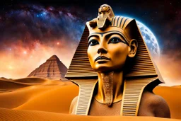 stunning sphinx statue with cate-alien face made of sand in the desert, fantasy, deep colors, high detalied, sharp focus, stars on the sky, surrealistic, sci-fi mood