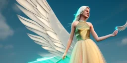 subtle queen, atmospheric, realistic, unreal engine, cinematic lighting, octane render, transparent long dress, blonde, full body, bright wings, smile, long hair