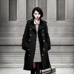 A beautiful slender young Asian woman with short black hair and a black trench coat, waiting for a man at night at a train station in London