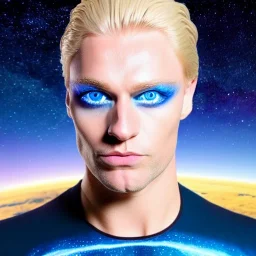 Homme galactique beau fin, grand front cosmique, yeux bleus réels, cheveux blonds, costume galactique, paysage cosmique