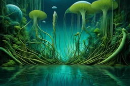 Ecological Art, plants, floating earths, long leaf tendrils, green colors and shades, blue waters, mitical ecocreatures living fascinating in stunning alien flora, intricate details, sharp focus, filmy , surreal, frighteningly beautiful, perfect stunning composition