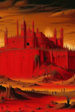 A red desert with a fiery palace painted by Albrecht Durer
