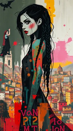 full body, wildly stylized abstract realist painting of a bold, audacious vampire girl with highly detailed long dark braided hair and facial features in the style of Jeremy Mann, her silhouette residing amidst bold, attention-grabbing abstract design that's defined by a wash of vibrant, saturated natural hues, juxtaposed against stark, surrealist medieval Spanish landscape of bustling colored cityscapes