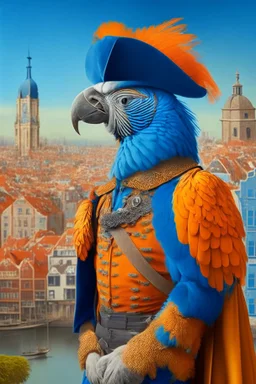 Half parrot half human in a 1700s Orange Dutch uniform next to a Dutch city with blue feathers