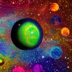 melted crayon drawing of universe inside a crystal ball on table, milky way, galaxy, planets, 8k resolution, high-quality, fine-detail, ornate, baroque, muted colors, intricate, digital art, detailed matte, volumetric lighting, illustration, octane render, Kristina Nelson,Brenna Miller, Jane Davenport, Jeffrey Robert