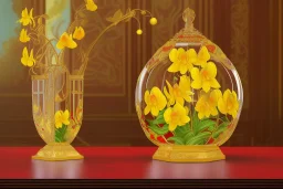 hypersigil photograph of a beautiful yellow and red orchid in a clear glass rococo inspired vase on a mirrored deco themed end table in a shadowy corner of a nouveau era room with wood paneling in the style of Robert maplethorpe, tropical birds, lizards, snakes, insects, gorgeous, shamanic, ethereal, photorealistic, embellishments, long shot, wide shot, dof, deep focus, 3d render