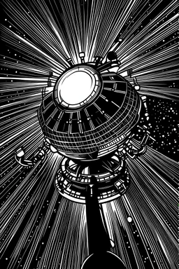 una nave espacial dirigida al sol, ilustración con estilo luz y sombra blanco y negro