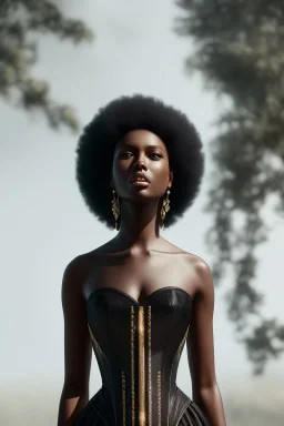 A portrait of a beautiful youthful black woman, wearing a corset, long silky black hair, wizard, magical, ethereal, soft bright lighting. Concept art by wlop. Ultra quality 8k. Fantasy setting.