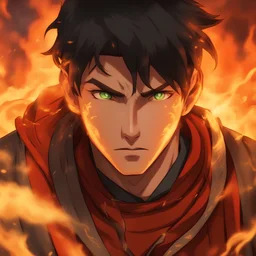 fire, firebender, fire bending, bending, green eyes, long hair, boy