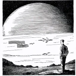 a alone man. pen and ink, birds eye view, illustrated by hergé, Background space and earth