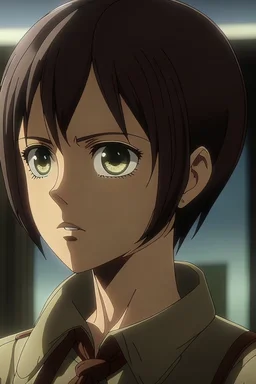 Attack on Titan screencap of a female with short, sh back hair and big black eyes.