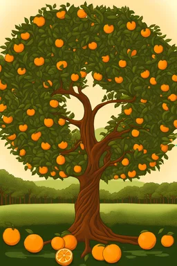 A large orange tree, whose branches form the shape of a heart that is hollow from the inside and what is behind it is visible from the background. An orange grove appears in the background. A cheerful and vibrant natural scene with many...