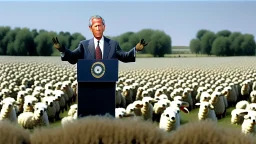 George w bush at podium speaking to large field of sheep