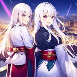 girl, masterpiece, best quality, volumetric lighting, detailed outfit, perfect eyes, long hair, white hair, purple eyes, rooftop, town, shooting star obi, looking back, laughing,