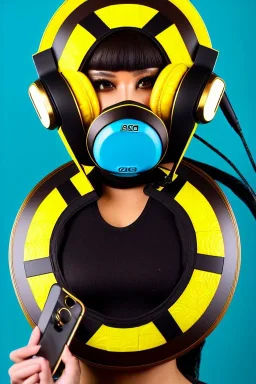 Adaptive photograph. Geometric 3D tiling on the background. Lightly armored, electronic circuit. Cyber-punk full-mask. woman. The mask covers the face fully. Bronze color Yellow Black Cyan. AKG headphones, golden rings & disc. Selfie both hands. Thick tights. Thick calves. Curved fell. Wide hip. Flat belly. Ancient artifact, cables. Perfect, Tron Movie. Lay figure. Haute Couture 1990's. Light from right