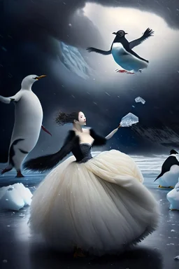 A human princess in a ball gown, dancing with a penguin, while in Antarctica while it storms in the background