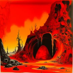 An orangish red molten underground with lava designed in cave paintings painted by Salvador Dali