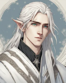 a young high elf frost Wizard with long wiry hair, wearing a black trimmed white nobleman's robe and frost ornaments on clothes
