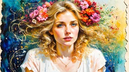 abstract art complementary colors fine details , old torn worn paper, high grain, portrait blonde , flowers in hair, acrylic, alcohol ink, fine drawing, A blonde woman in her 40s, with flowers woven into her loose, curly hair, sits in a whimsical, fairytale setting, surrounded by delicate swirling patterns reminiscent of the textures of old torn paper, in a vibrant, abstract style combining acrylic and alcohol ink techniques, with fine detailing that highlights complementary colors, in the expre