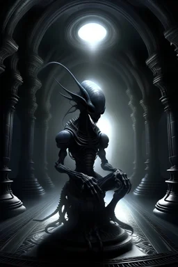 alien in dark castle, dark phantasy, 3d, high quality