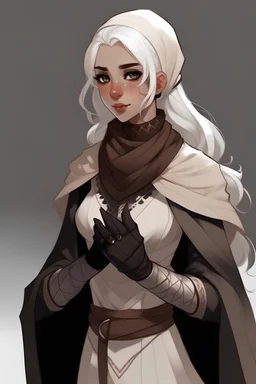 dnd, faded white girl, white hair, in brown Arabic classic clothes, with gloves