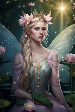 Pink dress,Sparkling fairy wings,Very long golden hair,Fairy crown,pointed ears,elven ears,fairy wings,water lilies,sparkling,glittering,flowers,blossoms,golden crown,light pink dress