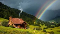 A cozy cottage nestled in a lush, green valley, with smoke curling from the chimney and a rainbow arching overhead. Photographic quality and detail, award-winning image, beautiful composition.